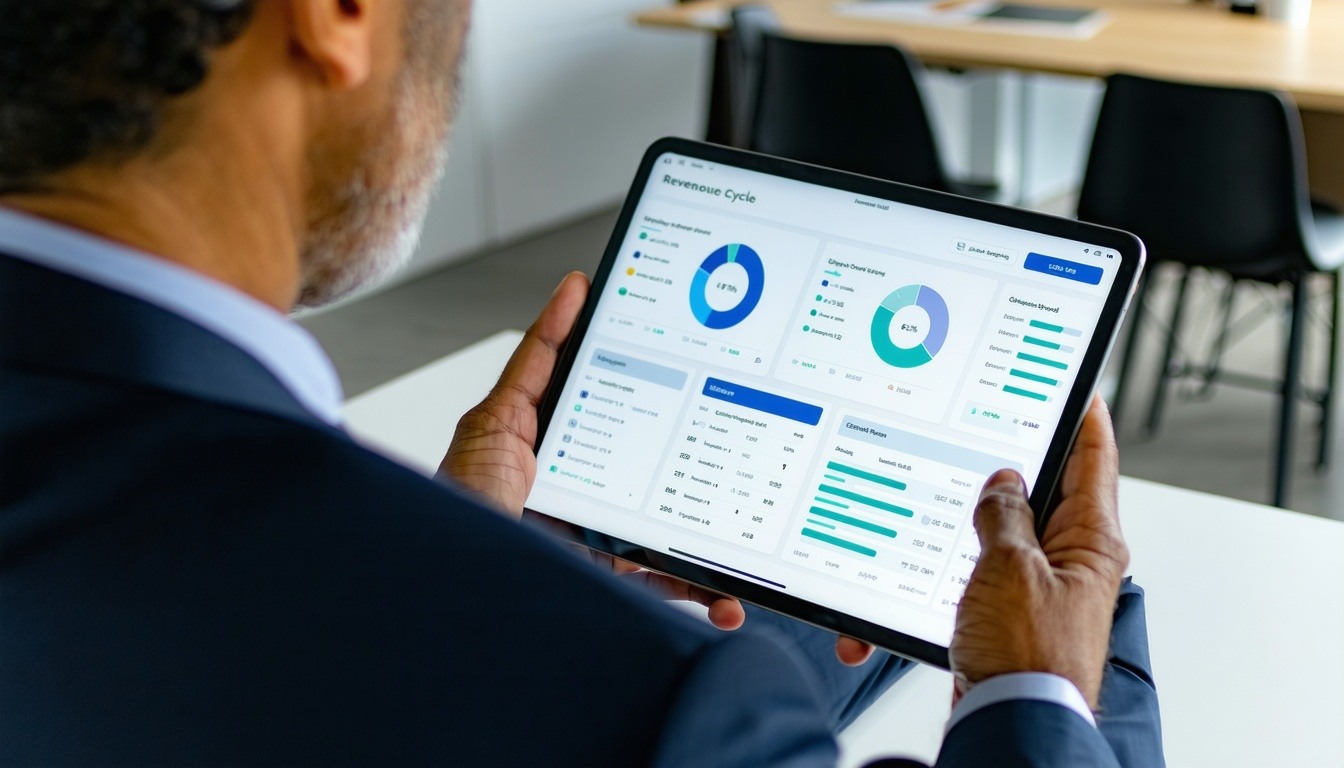 A middleage diverse professional uses a tablet device to review revenue cycle data-1