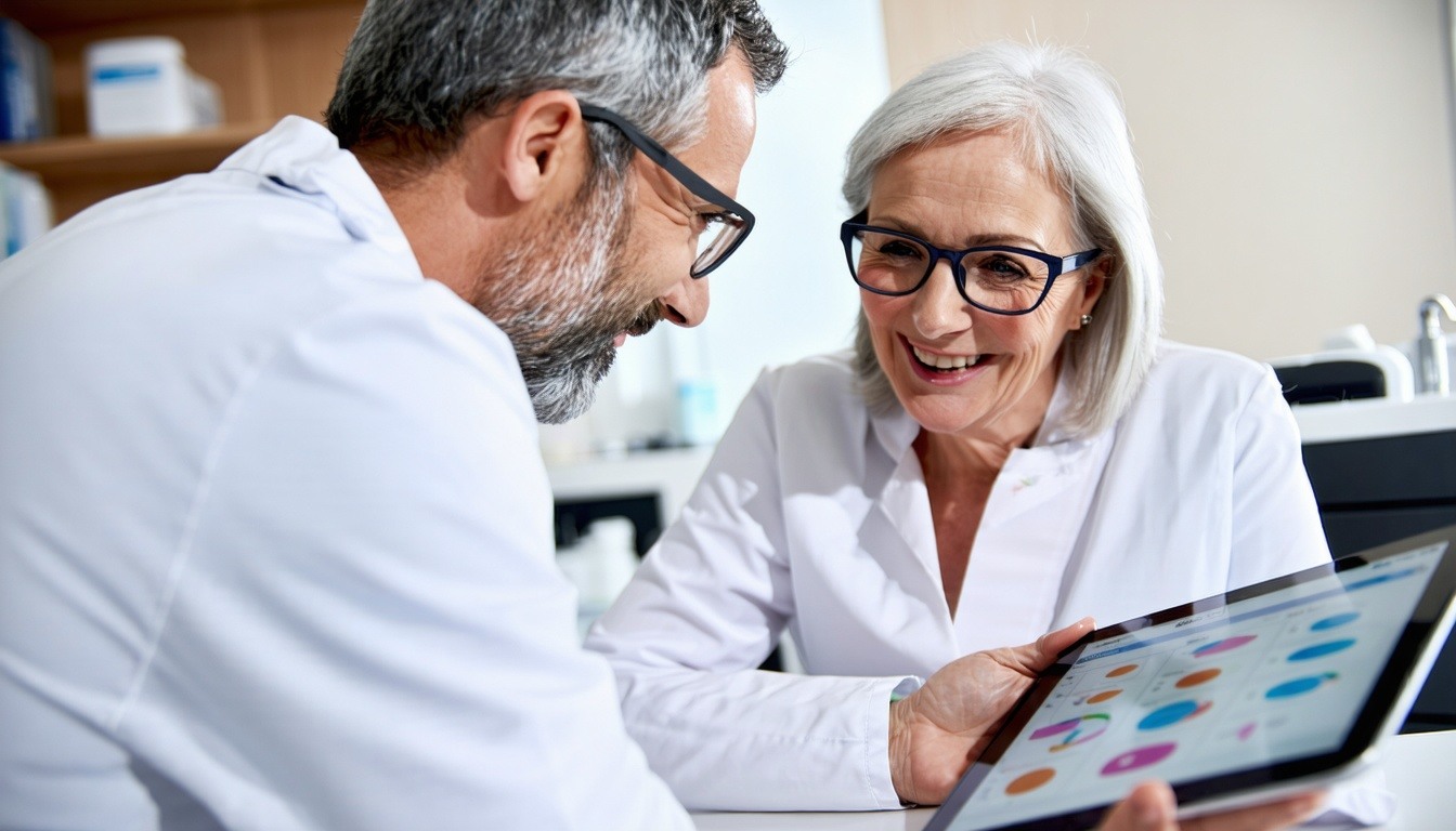 A middleaged opthalmologist in a white coat, is engaged in a friendly conversation with a middleaged female patient, who appears attentive and comfort