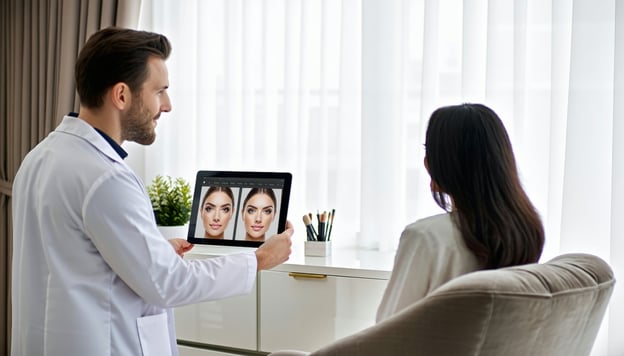 The image features a serene modern aesthetic clinics consultation room bathed in soft natural light filtering through sheer curtains A sleek minimalist desk is adorned with a digital tablet displaying an AI simulation of facial enhancements In the fo-1